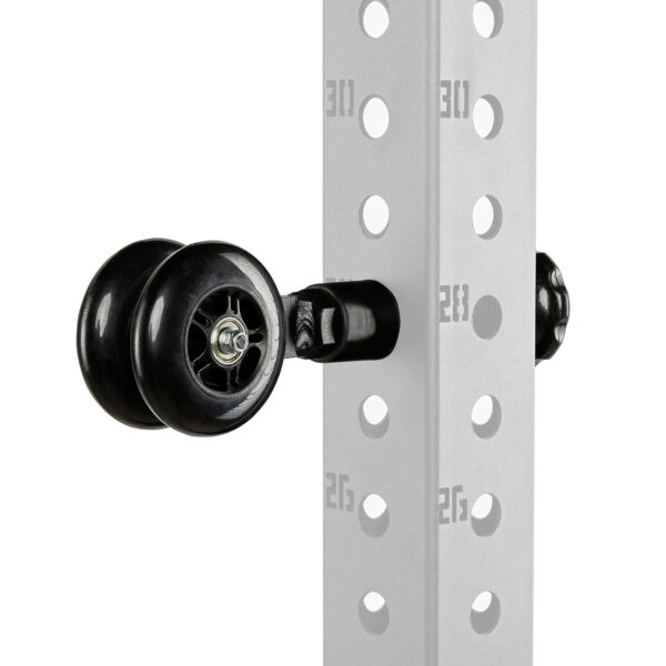 Close-up of an ATX® Mobility Roller in black on a white perforated metal rack with numbered holes for alignment, mounted on a swivel bracket.