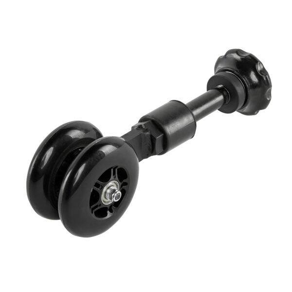 The ATX® Mobility Roller features a black dual skate wheel mechanism with an adjustable arm, complete with a knob on one end. Its design showcases smooth, parallel wheels and a sleek, modern appearance.