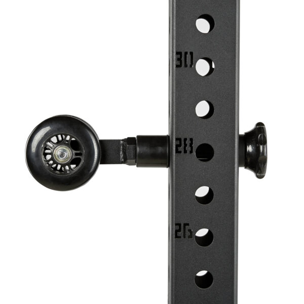 Close-up of an ATX® Mobility Roller, featuring a metal adjustable rack with numbered holes 30, 28, and 27 visible for adjustment levels. A wheel is attached to a horizontal bar, likely used for fitness or equipment purposes.