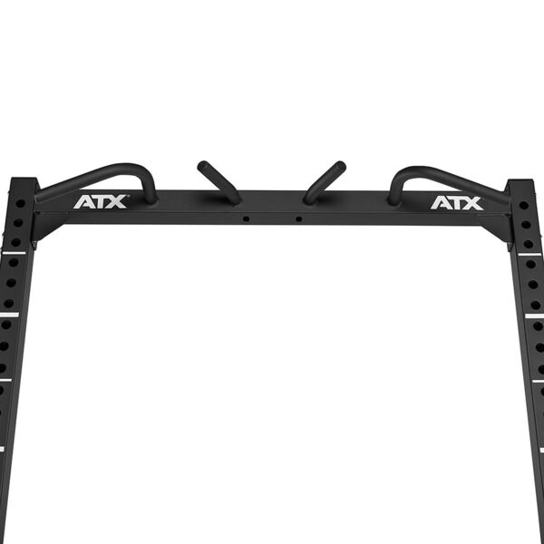 Close-up view of a black ATX® Half Rack pull-up bar with angled grips mounted on a squat rack frame, featuring multiple adjustment holes on each side.