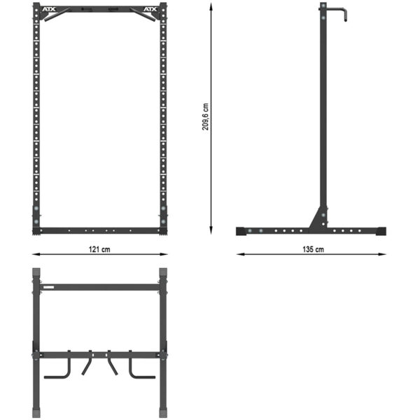 Diagram of the ATX® Half Rack: Front view shows 121 cm width, side view displays a 209.6 cm height and 135 cm depth. Bottom view highlights hooks and frame structure details.