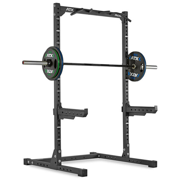 The ATX® Half Rack is a sturdy black squat rack with adjustable safety bars, pull-up bar, and a barbell featuring colorful weight plates, perfect for weightlifting exercises.