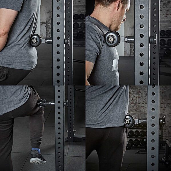 A person uses an ATX® Mobility Roller for shoulder exercises with a landmine attachment on a squat rack, taking various positions to engage the shoulders. The gym background is filled with weights and exercise equipment.