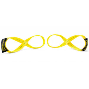 Bright yellow lifting straps with black ends are shown on a white background, shaped into loops for weightlifting or training support.