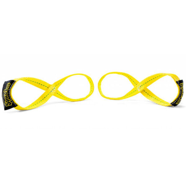 Bright yellow lifting straps with black ends are shown on a white background, shaped into loops for weightlifting or training support.