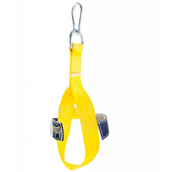 A yellow webbing anchor strap with reinforced stitching and a metal carabiner. The strap loops through a black protective sleeve, used for securing climbing or safety equipment.