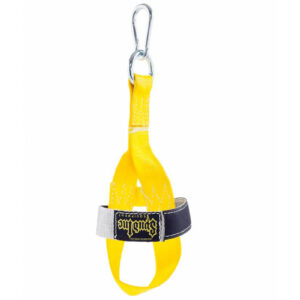 A yellow nylon strap with a metal carabiner at the top. The strap forms a loop, secured with a stitched black and gray Velcro band. The design is simple, featuring reinforced stitching for durability.