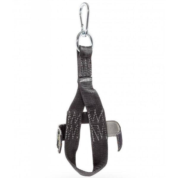 A black nylon hanging strap with reinforced stitching, a metal O-ring at the top, and an adjustable Velcro strap designed to hold items securely.