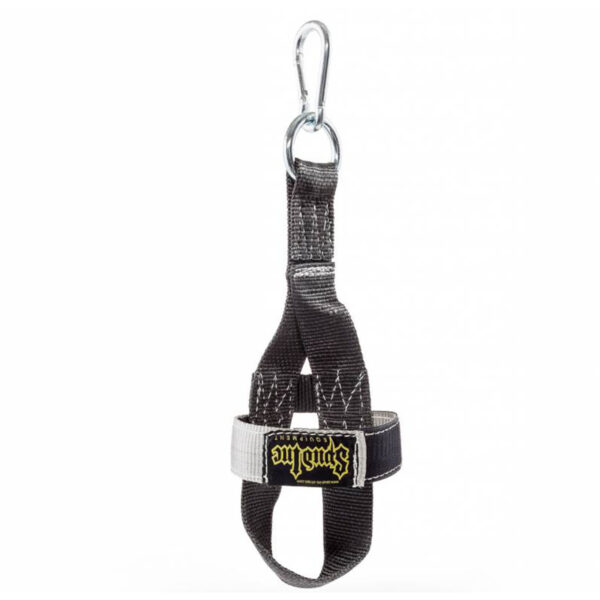 A black and gray strap with a metal carabiner attached at the top and a yellow label with black text. The strap forms a loop, and there is a black adjustment buckle on it.