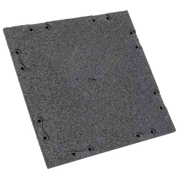 The GymFloor RTS 50x50@20mm System features a square, textured black surface with symmetrically arranged small holes along its edges, made from a rubbery material ideal for protection and anti-slip purposes.