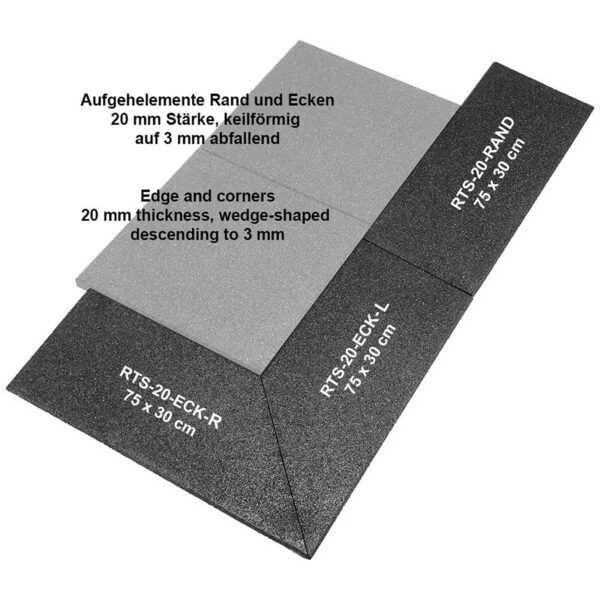 Illustration depicts three wedge-shaped tiles: two black labeled RTS-20-ECK-R/L, 75x30 cm and one gray labeled RTS-20-RAND, 75x30 cm, all part of the GymFloor RTS 50x50@20mm System, with text explaining their tapering thickness.