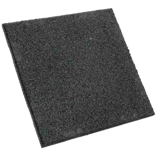 The GymFloor RTS 50x50@20mm System showcases a black, textured, square-shaped rubber mat on a white backdrop. It is precisely cut with a mildly rough surface, ideal for flooring or cushioning.