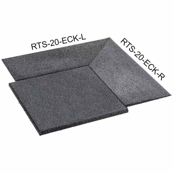 Two black, textured foam panels from the GymFloor RTS 50x50@20mm System, labeled RTS-20-ECK-L and RTS-20-ECK-R, form an L-shape with the square left panel larger and the narrower rectangular right panel designed to make a corner.