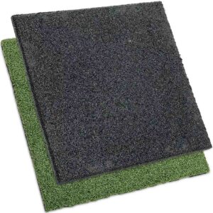 Two GymFloor RTS 50x50@20mm System foam mats are stacked; the top is dark gray, the bottom green. Both have a slightly textured surface, ideal for flooring or padding.