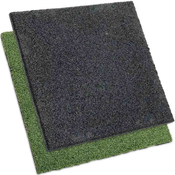 Two GymFloor RTS 50x50@20mm System foam mats are stacked; the top is dark gray, the bottom green. Both have a slightly textured surface, ideal for flooring or padding.