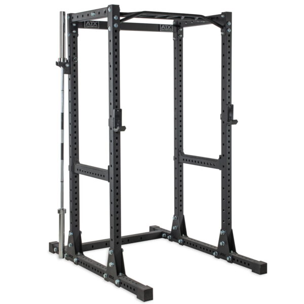 A black ATX® Bar Holder power rack includes adjustable holes for safety bars, a top pull-up bar, and a side barbell holder. The structure sits on a flat surface.