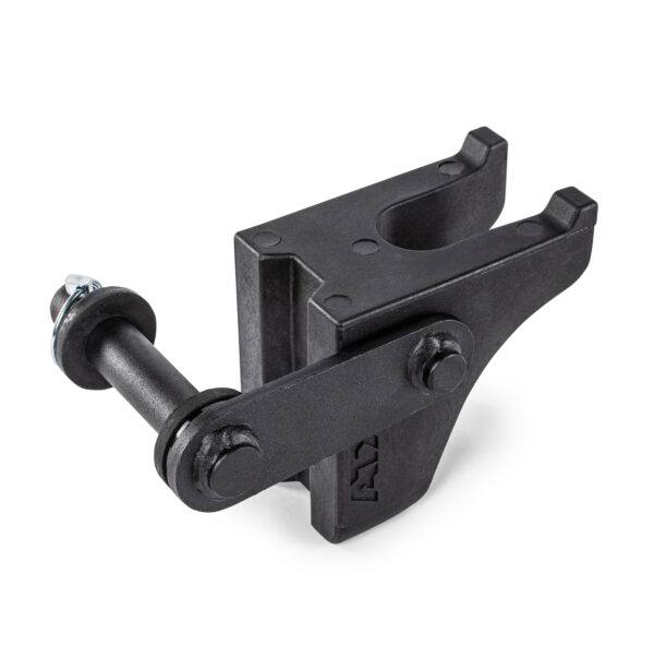 The ATX® Bar Holder is a rugged black metal bracket, equipped with a bolt and hinge mechanism and featuring a U-shaped slot, designed for secure mounting.