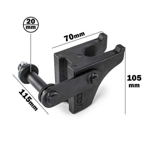 Close-up of the ATX® Bar Holder, a black metal bracket with dimensions: 70mm width, 105mm height, 115mm length, and a 20mm bolt diameter; featuring a hinge mechanism and a bolt with a nut.