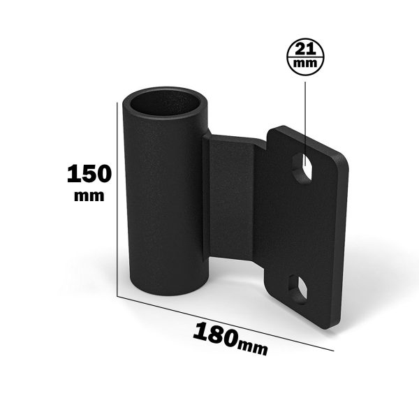 The ATX® Olympic Barbell Storage Offset features a black metal bracket with a cylindrical holder, 150mm in length and 21mm in diameter, and an overall width of 180mm. It includes a flat mounting plate with two holes.