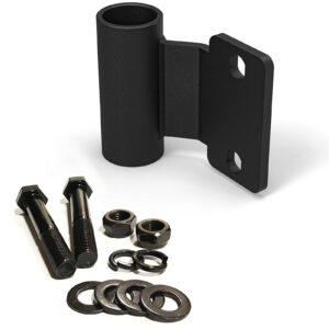 The ATX® Olympic Barbell Storage Offset is a black wall mount bracket with two holes, accompanied by two black bolts, two nuts, and four washers on a white background.