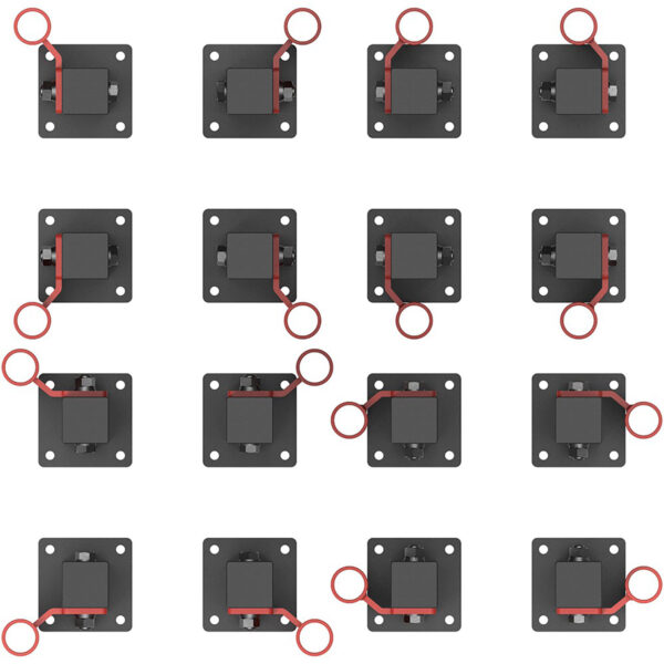 A grid of 16 square plates from the ATX® Olympic Barbell Storage Offset features black plates with red looped handles on top. The loops vary in position across the grid, creating an engaging pattern.