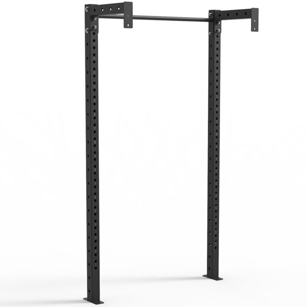 The ATX® 750 Rack Extension is a black metal pull-up bar mounted on the wall with two vertical supports and multiple holes for adjustable mounting, displayed against a plain white background in a minimalistic design.