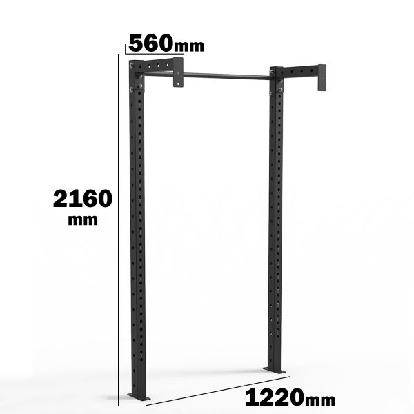 Image of an ATX® 750 Rack Extension, a black wall-mounted pull-up bar with dimensions: height 2160mm, width 1220mm, and depth from the wall 560mm. It is attached to two vertical steel beams with multiple drilled holes.