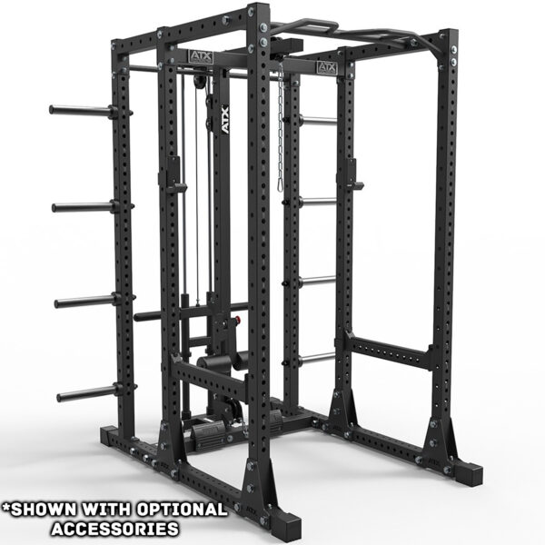 The ATX® 750 Rack Extension is a black power rack with adjustable supports, a pull-up bar, and weight plate storage. It features multiple holes for height customization and includes text at the bottom left: SHOWN WITH OPTIONAL ACCESSORIES.
