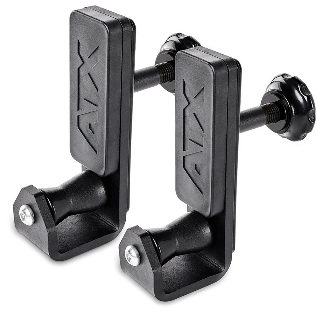 Two ATX® Roller J-Hooks Universal, black clamp-style exercise barbell holders, featuring adjustable knobs and an embossed ATX logo. They have a sturdy rectangular design with a screw for attachment.