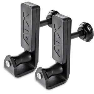 Two ATX® Roller J-Hooks Universal, black clamp-style exercise barbell holders, featuring adjustable knobs and an embossed ATX logo. They have a sturdy rectangular design with a screw for attachment.