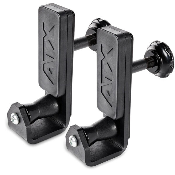Two ATX® Roller J-Hooks Universal, black clamp-style exercise barbell holders, featuring adjustable knobs and an embossed ATX logo. They have a sturdy rectangular design with a screw for attachment.