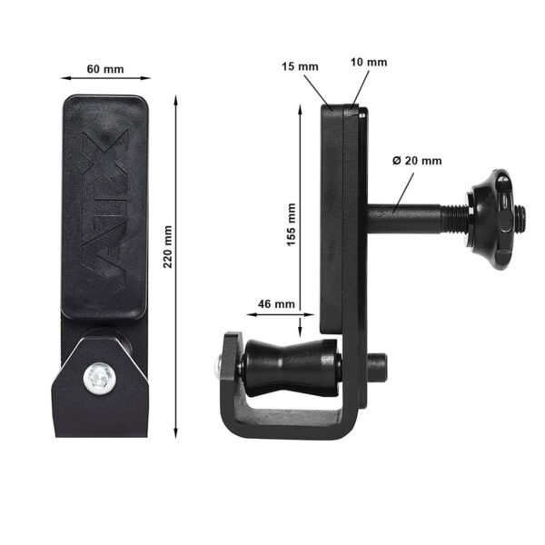 Diagram depicts the ATX® Roller J-Hooks Universal, a black metal clamp with dimensions: 220 mm length, 60 mm width, and 15 mm thickness. Side view includes extra measurements: 155 mm height, 10 mm width, 46 mm depth, and a bolt with a 20 mm diameter.