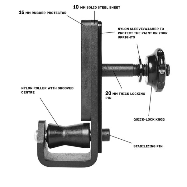The ATX® Roller J-Hooks Universal features an adjustable metal bracket with labeled parts: a 15 mm rubber protector, a 10 mm steel sheet, a nylon sleeve/washer, a 20 mm thick locking pin, quick-lock knob, stabilizing pin, and a nylon roller with grooved center.