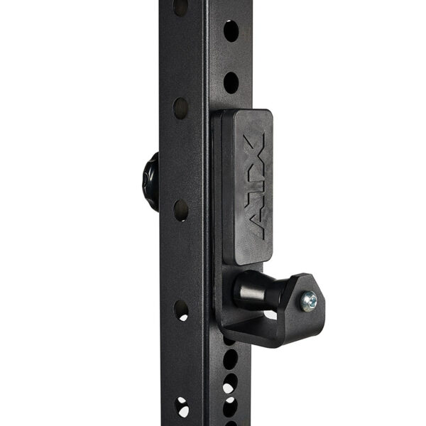 Close-up of a black metal bracket featuring ATX, with multiple holes for flexibility and a locking bolt. Named ATX® Roller J-Hooks Universal, its designed for robust support, ideal for fitness or construction equipment.