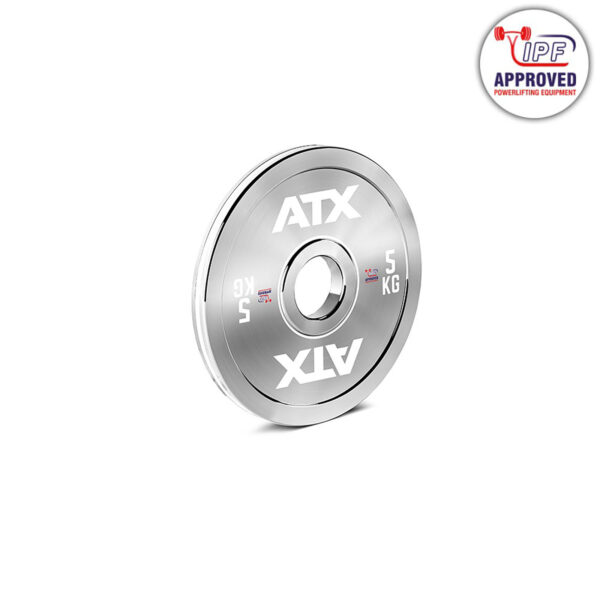 A chrome 25 kg ATX powerlifting plate is displayed on a white background, featuring the IPF-approved logo in the top right corner.