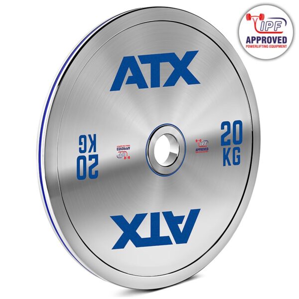 A chrome 25 kg powerlifting competition disc with blue ATX lettering on both sides, featuring an IPF approval badge. The plate is angled to highlight its design and features, perfect for powerlifting enthusiasts.