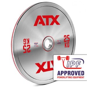The ATX® 25kg Chrome Powerlifting Single Plate is silver with red ATX text, has a sticker reading IPF Approved Powerlifting Equipment, and features a barbell icon, marking it as an official competition disc.