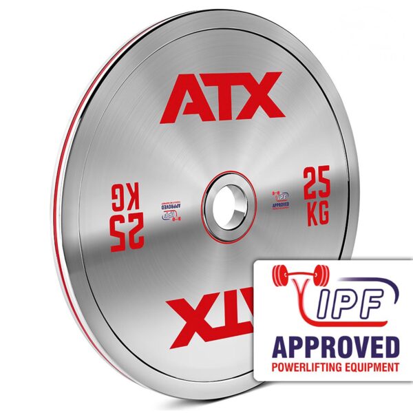 The ATX® 25kg Chrome Powerlifting Single Plate is silver with red ATX text, has a sticker reading IPF Approved Powerlifting Equipment, and features a barbell icon, marking it as an official competition disc.