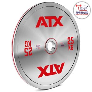 The ATX® 25kg Chrome Powerlifting Single Plate comes in silver with bold red ATX and 25 KG lettering. It features the IPF approved logo, meeting rigorous standards for elite powerlifting competitions.