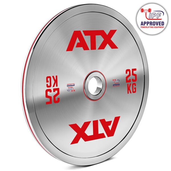 The ATX® 25kg Chrome Powerlifting Single Plate comes in silver with bold red ATX and 25 KG lettering. It features the IPF approved logo, meeting rigorous standards for elite powerlifting competitions.