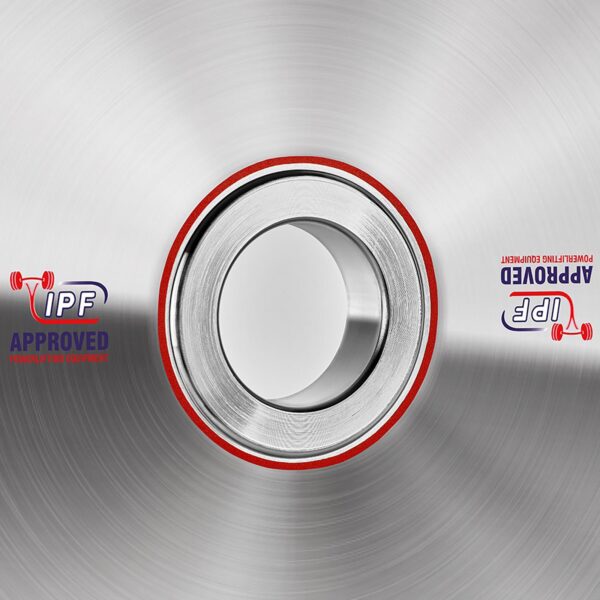 Close-up of the ATX® 25kg Chrome Powerlifting Single Plate, resembling competition discs, with a central hole and IPF Approved logos on both sides. It features a textured, brushed steel look and a red ring around the circumference.