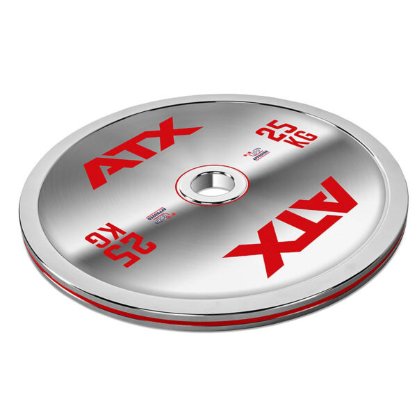 A chrome ATX® 25kg powerlifting plate with red text features a central hole for mounting on barbells, ideal for competitions.