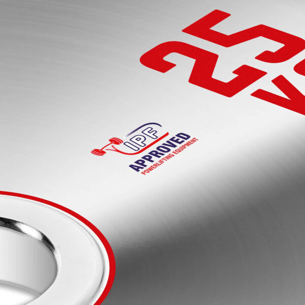A close-up of a metallic surface shows the number 25 in red next to the IPF approved logo, a small red barbell icon, and POWERLIFTING EQUIPMENT text. A partially visible circular opening hints at high-quality ATX® 25kg Chrome Powerlifting Single Plate competition discs.