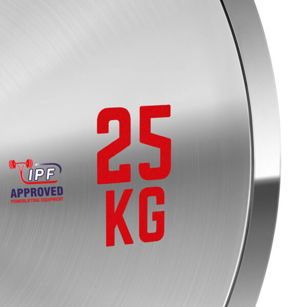 Close-up of the ATX® 25kg Chrome Powerlifting Single Plate. 25 KG is written in red, and the IPF Approved Powerlifting Equipment logo with a blue and red stylized barbell design is on the left, ideal for anyone seeking competition-ready powerlifting discs.