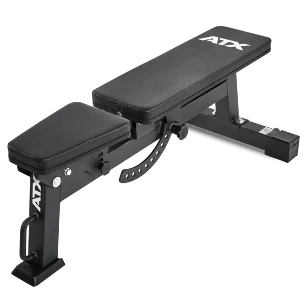 A versatile folding fitness bench, this adjustable black model offers padded seating and a sturdy metal frame. With ATX proudly displayed on the backrest, it also features a handle for easy maneuverability.
