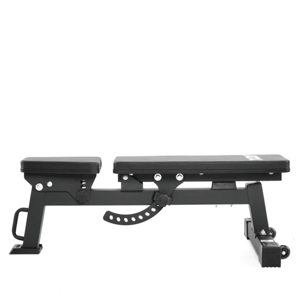 A folding fitness bench with a black padded seat and backrest, this adjustable weight bench boasts a metal frame complete with adjustment knobs and a locking mechanism for varying incline levels. Its sleek, functional design is perfect for both home and gym workouts.