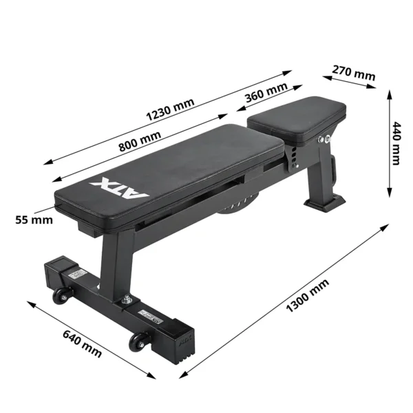 Folding fitness bench with dimensions: 1300 mm length, 640 mm width, and 440 mm height. The seat is 270 mm wide, and the backrest measures 270 mm in width and 800 mm in length with a thickness of 55 mm. Equipped with wheels for easy transport.