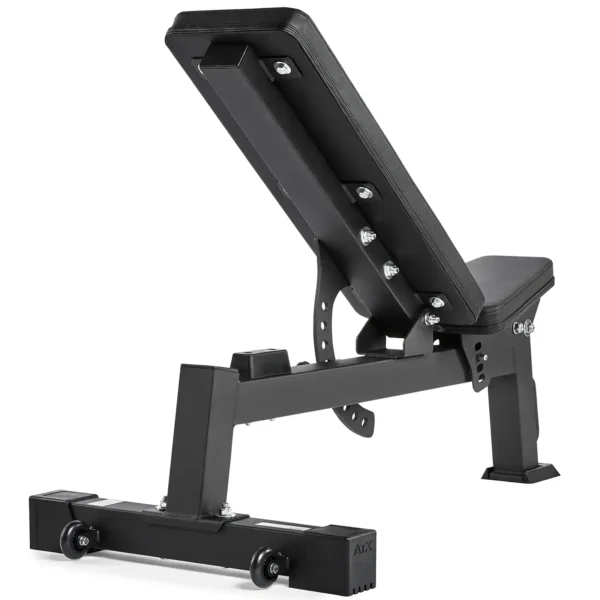Folding fitness bench in a partially upright position, featuring a black cushioned seat and backrest with a sturdy metal frame and wheels for easy mobility, set against a white background.