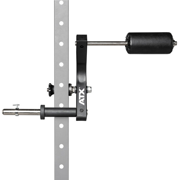 Close-up of the ATX® Neck Trainer Add On, a gym attachment with a vertical metal pole featuring multiple holes and a horizontal padded roller arm. Designed for leg exercises, it has a sleek black and silver color scheme.