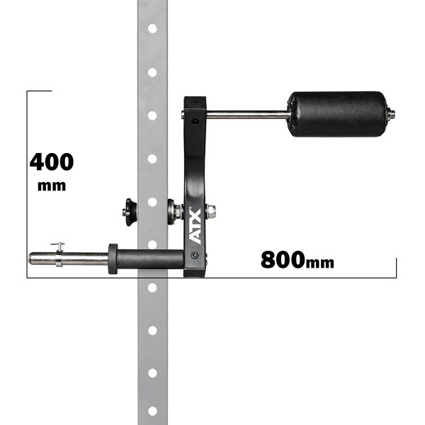 The ATX® Neck Trainer Add On is a gym attachment with vertical and horizontal handles plus a foam roller. It features multiple holes on the metal strip, measuring 400mm vertically and 800mm horizontally, branded with ATX.